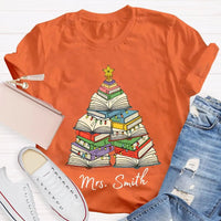 Personalized Holiday Shirt, Custom Christmas Trees and Books T-Shirt, Comfy Book Lover Xmas Graphic Tee, Custom Name Christmas Present Tee