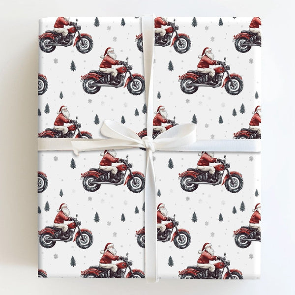 Red Motorcycle Christmas Gift Wrap, Biker Santa Wrapping Paper, Pine Tree Winter Santa Wrapping Paper, Holiday Biker Gift Wra