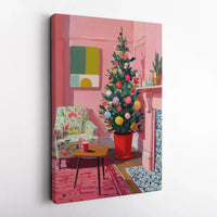 Mid-Century Holiday Canvas Wall Art, Pink Christmas Living Room Canvas Print, Festive Pastel Canvas, Retro Xmas Home Decor, Present for Her