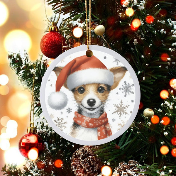Santa Hat Puppy Ceramic Ornament, Adorable Puppy Christmas Ornament, Holiday Snowflakes Puppy Dog Tree Ornament, Dog Lover Ch