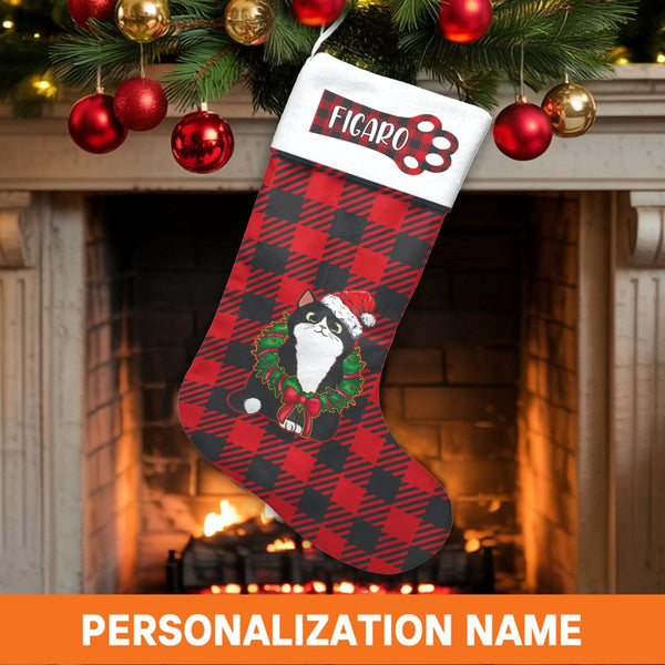 Personalized Buffalo Plaid Stocking, Tuxedo Cat Christmas Stocking, Pet Lover Christmas Stocking, Custom Red Plaid Holiday De