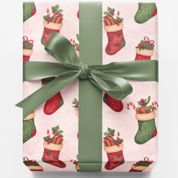 Watercolor Holiday Gift Wrap, Christmas Stocking Wrapping Paper, Festive Xmas Wrapping Paper, Winter Gift Wrap Roll, Holiday 