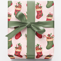 Watercolor Holiday Gift Wrap, Christmas Stocking Wrapping Paper, Festive Xmas Wrapping Paper, Winter Gift Wrap Roll, Holiday Present Paper