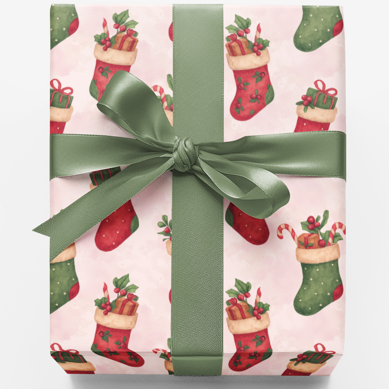 Watercolor Holiday Gift Wrap, Christmas Stocking Wrapping Paper, Festive Xmas Wrapping Paper, Winter Gift Wrap Roll, Holiday Present Paper