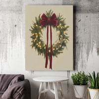 Holiday Wreath Print, Christmas Wreath Wall Art, Glowing Fairy Lights Wall Decor, Festive Red Bow Art, Winter Home Decor Digital Download