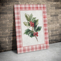 Botanical Red Plaid Watercolor Print, Christmas Holly Canvas Wall Art, Farmhouse Holiday Wall Decor, Digital Download Poster