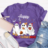 Adorable Three Ghosts Holiday Tee, Happy Hallothankmas T-Shirt, Halloween Thanksgiving Christmas Shirt, Humorous Ghost Graphic T-Shirt