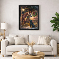 Snowy Christmas Stable Winter Scene Print, Horse and Labrador Canvas Wall Art, Holiday Farmhouse Decor, Digital Download