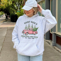 Vintage Pink Truck Hoodie, Saint Nicks Christmas Tree Farm Hoodie, Retro Holiday Hoodie, Tree Farm Pullover, Comfy Winter Hooded Sweatshirt