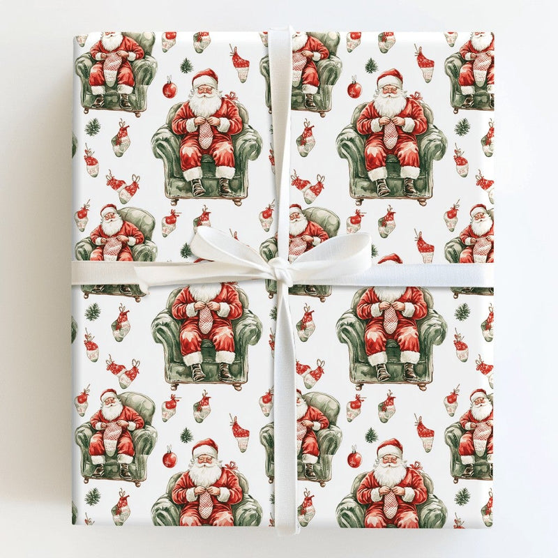 Comfy Vintage Santa Claus Gift Wrap Roll, Knitting Santa Christmas Wrapping Paper, Crafter Holiday Present Paper, Festive Gift Wrap