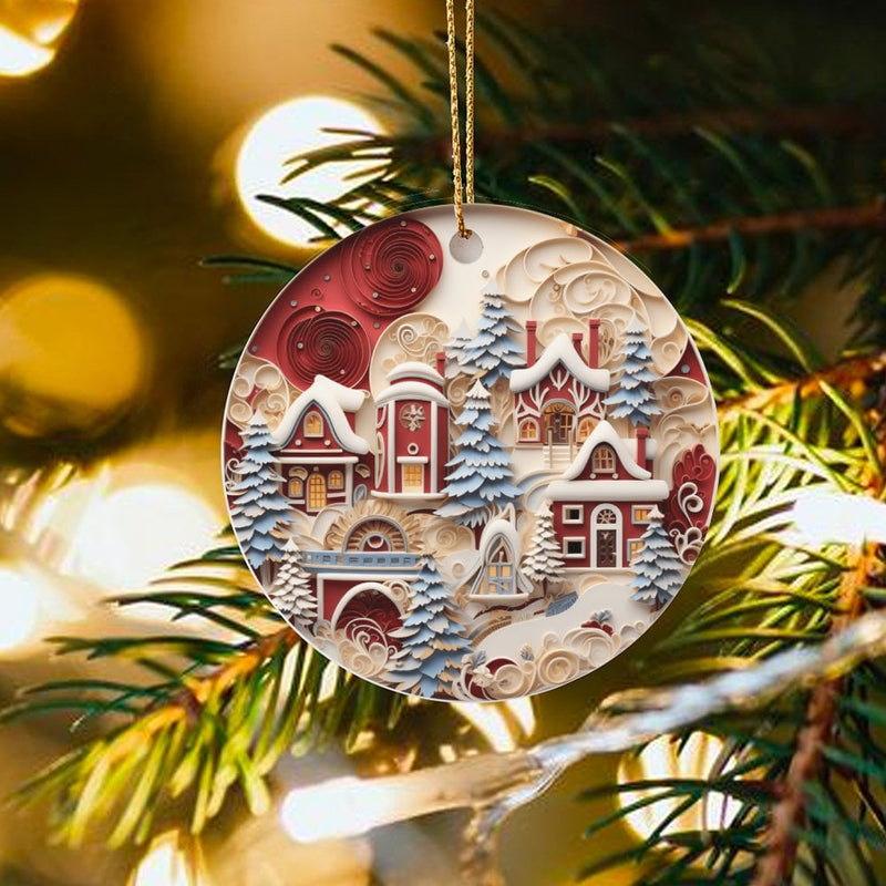 3D Papercut Style Snowy Village Ornament, Winter Village Christmas Ornament, Round Ceramic Holiday Tree Decor, Comfy Xmas Keepsake Present