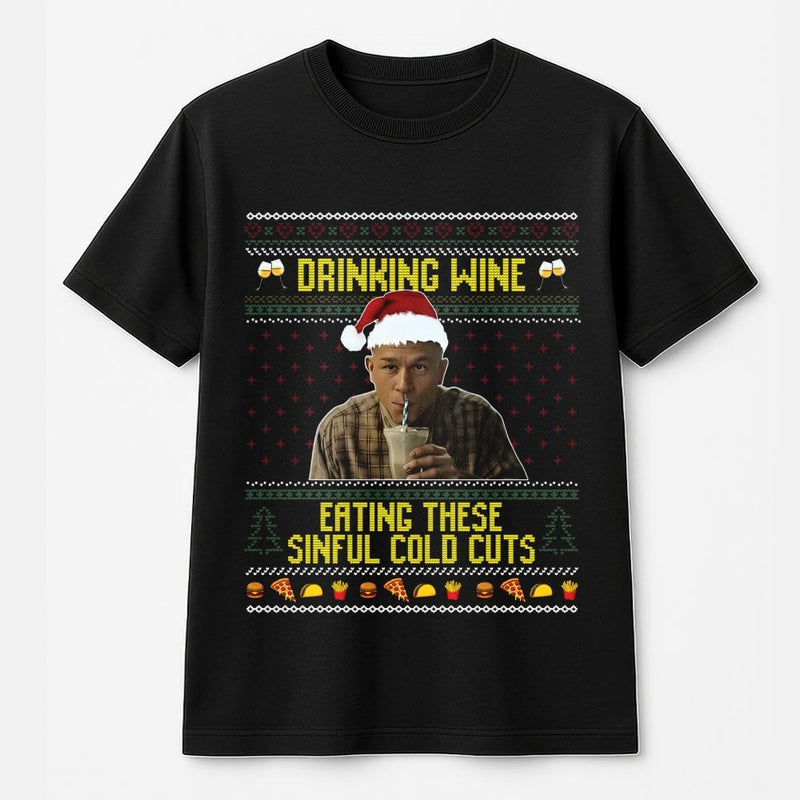 Humorous Christmas T-Shirt, Sinful Cold Cuts Holiday Shirt, True Crime Meme Graphic Tee, Dark Humor Winter Holiday Xmas T-Shirt