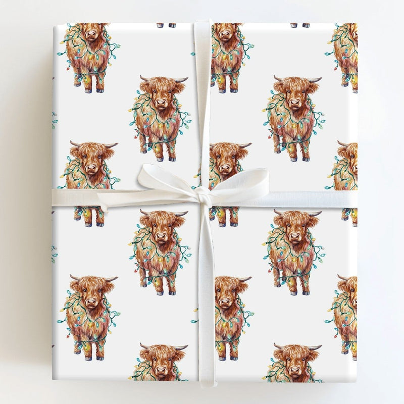 Christmas Lights Gift Wrap, Highland Cow Wrapping Paper, Rustic Cow Holiday Wrapping Paper, Festive Farm Animal Wrapping Paper, Xmas Wrap