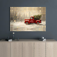 Snowy Winter Forest Canvas Wall Art, Merry Christmas Red Truck Canvas Print, Holiday Farmhouse Canvas Artwork, Festive Xmas Wall Decor