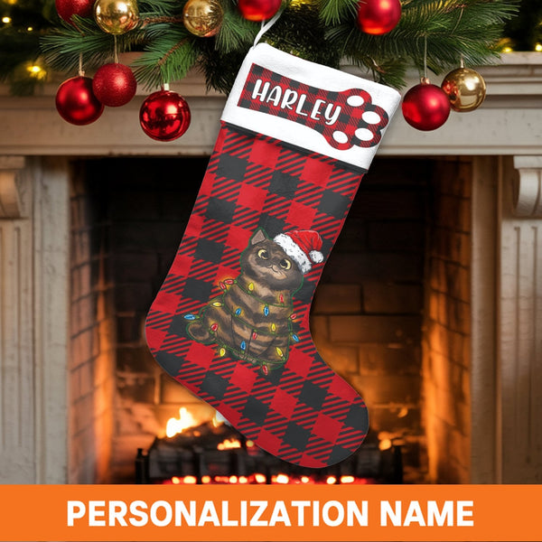 Red Buffalo Plaid Cat Stocking, Cat Christmas Stocking, Personalized Pet Christmas Stocking, Custom Cat Name Stocking, Holida