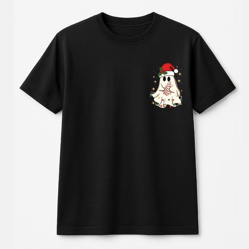 Holiday Pocket Graphic Tee, Adorable Christmas Ghost T-Shirt, Retro Spooky Season Christmas Shirt, Humorous Ghost Xmas Tree Graphic T-Shirt