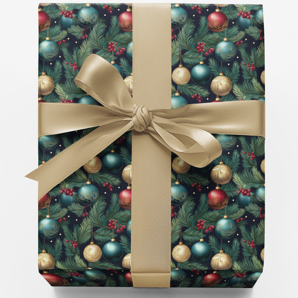 Holiday Ornament Gift Wrap Paper, Fir Tree Christmas Wrapping Paper, Festive Botanical Wrapping Paper, Winter Holiday Gift Wr