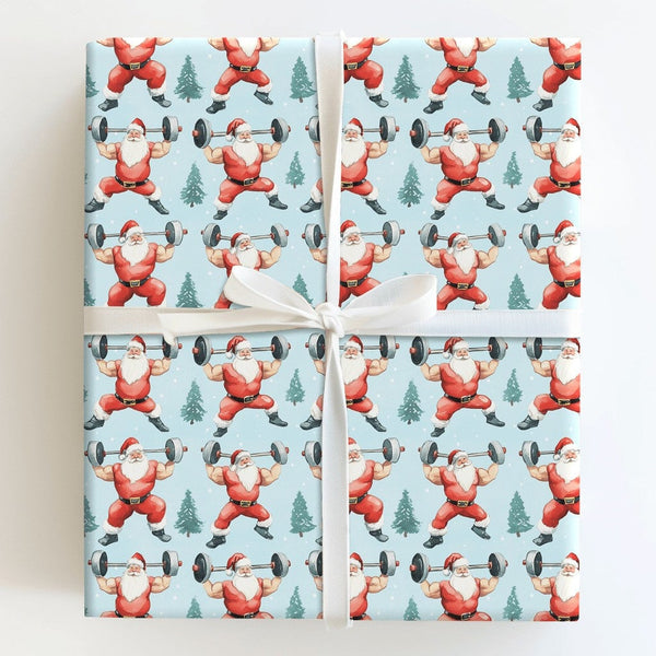 Muscular Weightlifting Santa Gift Wrap, Buff Santa Wrapping Paper, Humorous Gym Christmas Present Paper, Fitness Holiday Gift