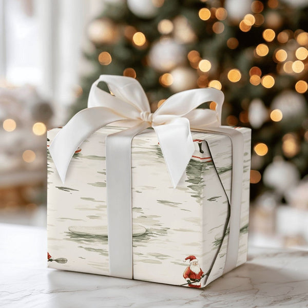 SUP Christmas Gift Wrap, Coastal Santa Paddleboard Wrapping Paper, Watercolor Nautical Holiday Wrap, Festive Seasonal Wrappin