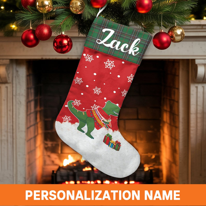 Personalized Dino Stocking, Dinosaur Christmas Stocking, Plaid Cuff Holiday Stocking, Custom Kids Christmas Stocking, Dinosaur Lover Present