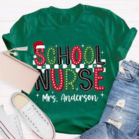 Custom Name Santa Hat Graphic Tee, Personalized School Nurse Christmas Shirt, RN Nurse Holiday T-Shirt, Healthcare Staff Xmas Present