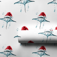 Ocean Santa Hat Gift Wrap, Manta Ray Christmas Wrapping Paper, Marine Life Wrapping Paper Roll, Holiday Wrapping Paper