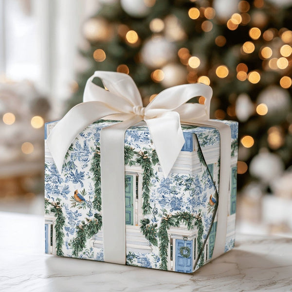 Holiday Front Door Gift Wrap, Blue Toile Christmas Wrapping Paper, Winter Wreath Festive Wrapping Paper, Elegant Xmas Gift Wr