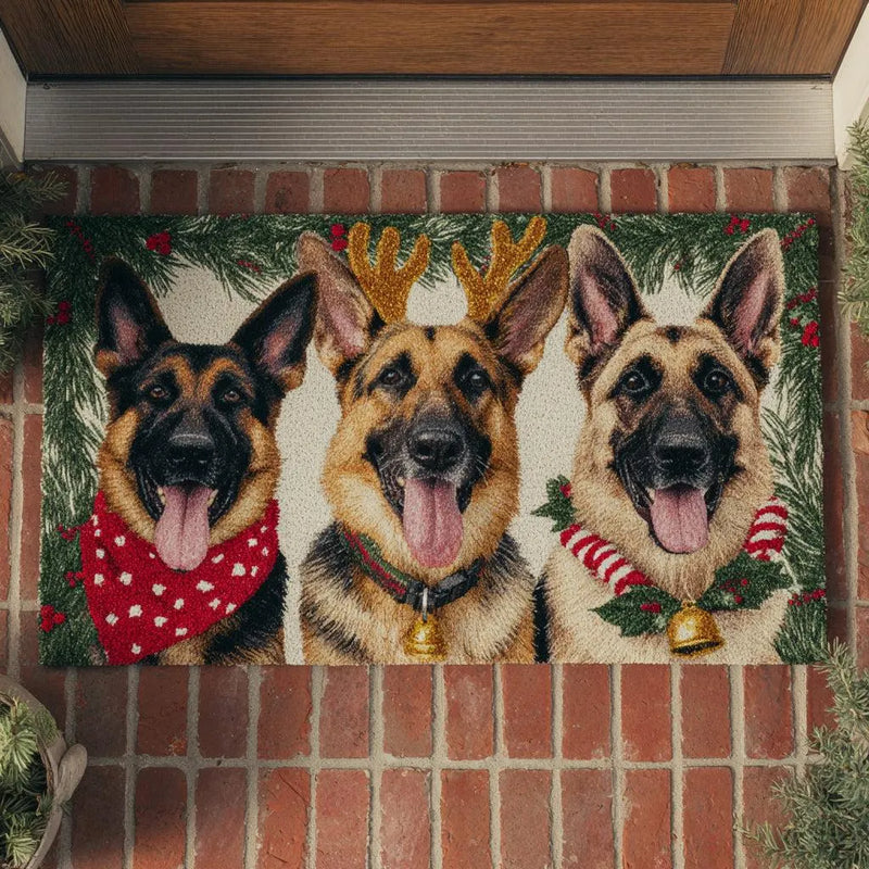 Festive Dog Welcome Mat, Christmas German Shepherd Doormat, Winter Holiday Puppy Door Mat, Xmas Porch Entryway Mat, Pet Lover Present