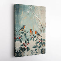 Snowy Holly Branch Bird Painting Printable Art, Winter Robin Canvas Digital Download, Christmas Wall Art Poster, Holiday Home Decor