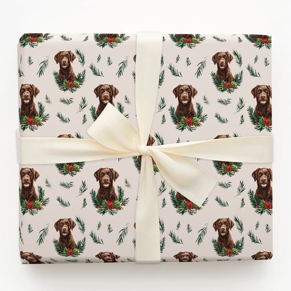 Dog Wreath Holiday Gift Wrap, Chocolate Labrador Christmas Wrapping Paper, Pet Lover Wrapping Paper, Festive Winter Puppy Gif