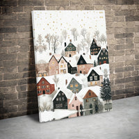 Watercolor Christmas Town Canvas Print, Snowy Winter Village Canvas Wall Art, Gold Snowfall Holiday Canvas, Festive Winter Wall Decor