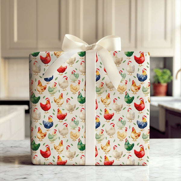 Watercolor Rooster Holiday Gift Wrap, Christmas Chicken Wrapping Paper, Santa Hat Farmhouse Animal Wrapping Paper, Farmer Xma