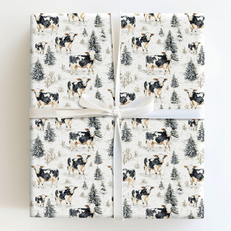 Winter Forest Cow Gift Wrap, Watercolor Cow Wrapping Paper, Rustic Farmhouse Christmas Wrapping Paper, Country Holiday Animal Present Paper