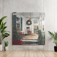 Rustic Holiday Wreath Canvas Print, Christmas Farmhouse Porch Square Canvas, Rocking Chair Winter Painting, Comfy Xmas Home Decor Wall Art