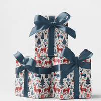 Scandi Christmas Holiday Gift Wrap, Nordic Reindeer Wrapping Paper, Folk Art Winter Wrapping Paper, Festive Season Present Paper Roll