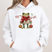 Merry and Bright Frog Sweatshirt, Christmas Frog Hoodie, Adorable Animal Holiday Hoodie, Festive Xmas Frog Hooded Pullover, Winter Season Present