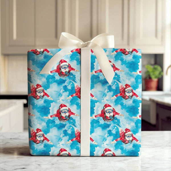 Underwater Diving Holiday Gift Wrap, Scuba Santa Christmas Wrapping Paper, Ocean Christmas Wrapping Paper, Tropical Secret Sa
