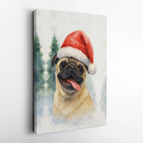 Watercolor Santa Hat Puppy Canvas Print, Christmas Pug Canvas Art, Festive Dog Wall Art, Holiday Animal Canvas Decor, Present