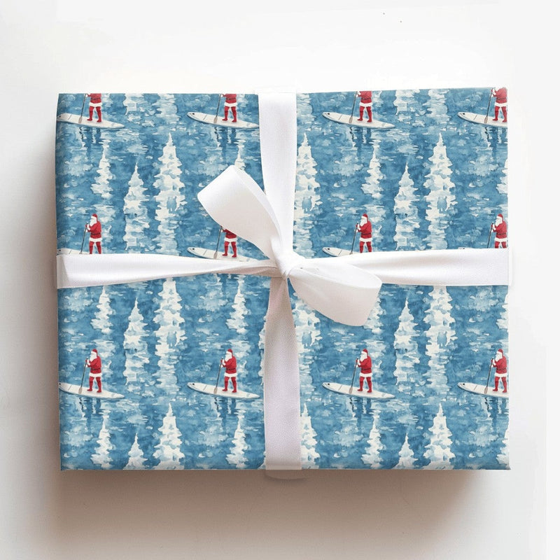 Coastal Tree Reflections Gift Wrap, Santa Paddleboarding Wrapping Paper, Watercolor SUP Christmas Paper, Unique Holiday Wrapping Paper Roll