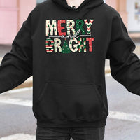 Christmas Pattern Sweatshirt, Merry and Bright Hoodie, Adorable Xmas Holiday Pullover Hoodie, Comfy Winter Graphic Hooded Sweatshirt, Xmas Present