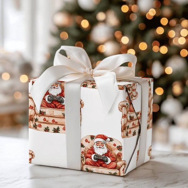 Video Game Controller Gift Wrap, Floral Armchair Gamer Santa Wrapping Paper, Humorous Santa Christmas Wrapping Paper, Gamer G