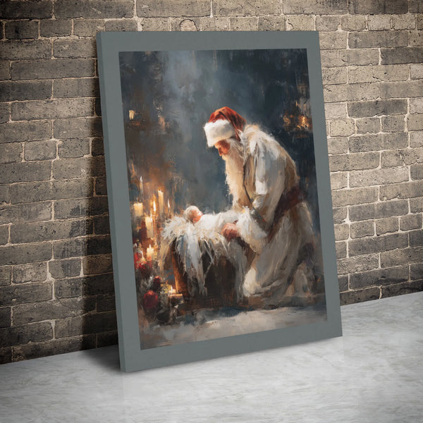 Nativity Scene Canvas Print, Kneeling Santa Baby Jesus Canvas Art, Christian Christmas Canvas Wall Decor, Holiday Faith Wall 