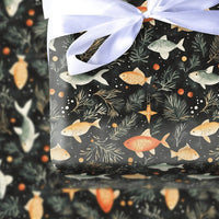 Underwater Christmas Gift Wrap, Whimsical Fish Holiday Wrapping Paper, Pine Branch Star Present Paper, Unique Xmas Gift Wrapping Paper Roll