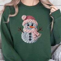 Yarn Knit Texture Graphic Holiday Sweater, Adorable Snowman Sweatshirt, Comfy Christmas Crewneck, Winter Season Aesthetic Pullover