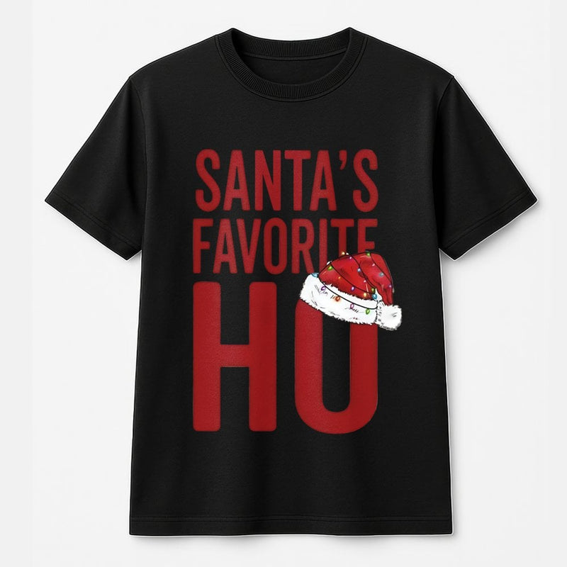 Humorous Naughty Christmas Graphic Tee, Santa's Favorite Ho T-Shirt, Retro Holiday Party Shirt, Sarcastic Christmas Drinking T-Shirt for Women