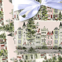 Snowy Houses Gift Wrap, Watercolor Pink Christmas Village Wrapping Paper, Pastel Holiday Wrapping Paper Roll, Adorable Winter Present Wrap