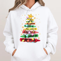Art Teacher Holiday Hooded Sweatshirt, Christmas Crayon Tree Hoodie, Colorful Educator Xmas Hoodie, School Teacher Graphic Pullover Hoodie
