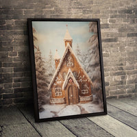 Christmas Gingerbread Wall Art, Gingerbread Church Canvas Art, Winter Gingerbread Canvas, Snowy Forest Print, Comfy Holiday Decor Present