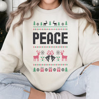 Festive Reindeer Pattern Sweater, Peace Ugly Christmas Sweatshirt, Comfy Holiday Season Crewneck, Retro Winter Xmas Pullover