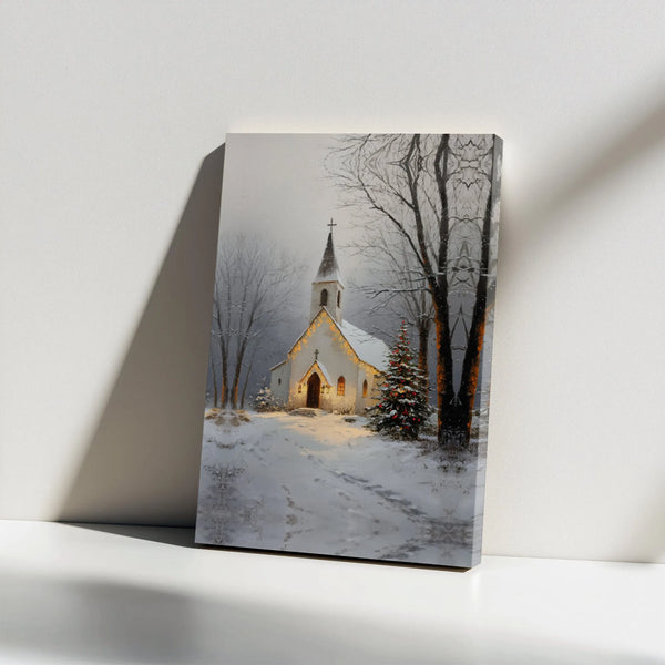 Snowy Lit Tree Holiday Wall Art, Winter Christmas Church Canvas Print, Rustic Country Church Scene, Festive Canvas Decor
